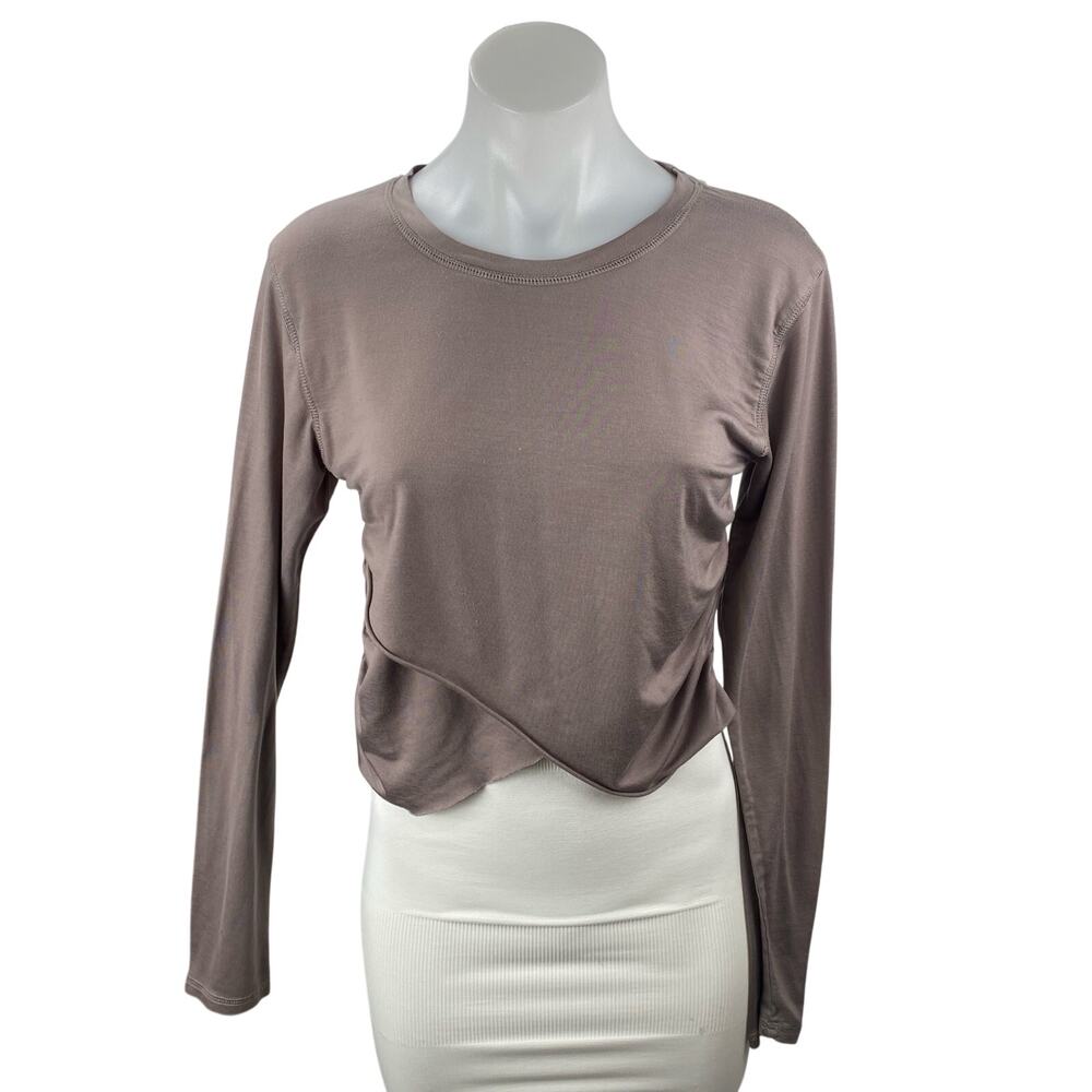 Mono B Women's Purple Long Sleeve Draped Knit Cropped T Shirt Tee Top Size L